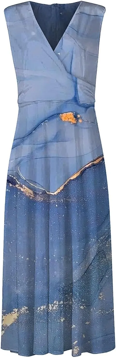 WomenS Summer Loose Boho Flowy Wrap V Neck Sleeveless Floral Print Slit Beach Wedding Guest Long Maxi Dresses