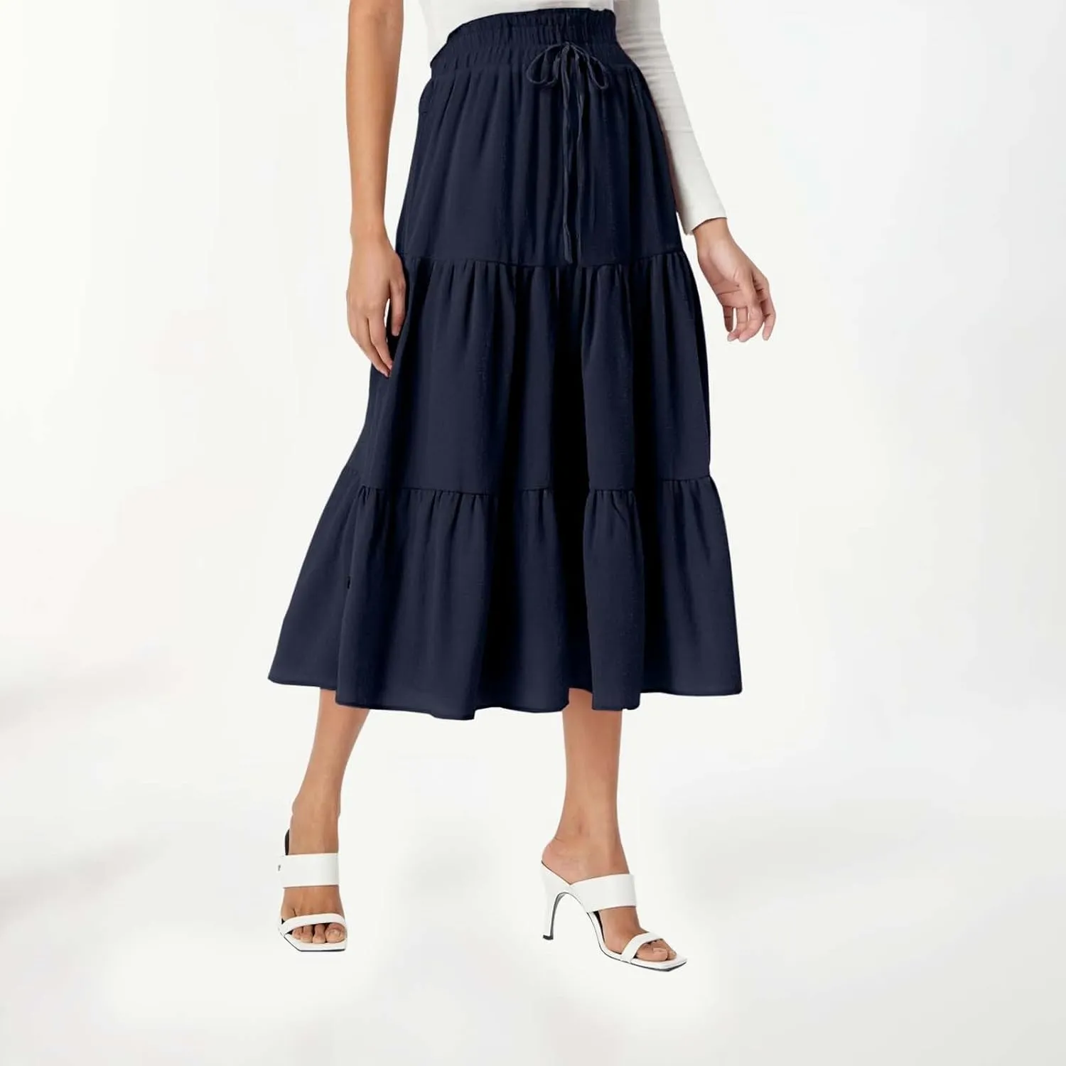 Womens Summer Maxi Skirt Flowy Elastic High Waist Pleated A-Line Skirts Boho Tiered Beach Long Skirts 2025 Trendy