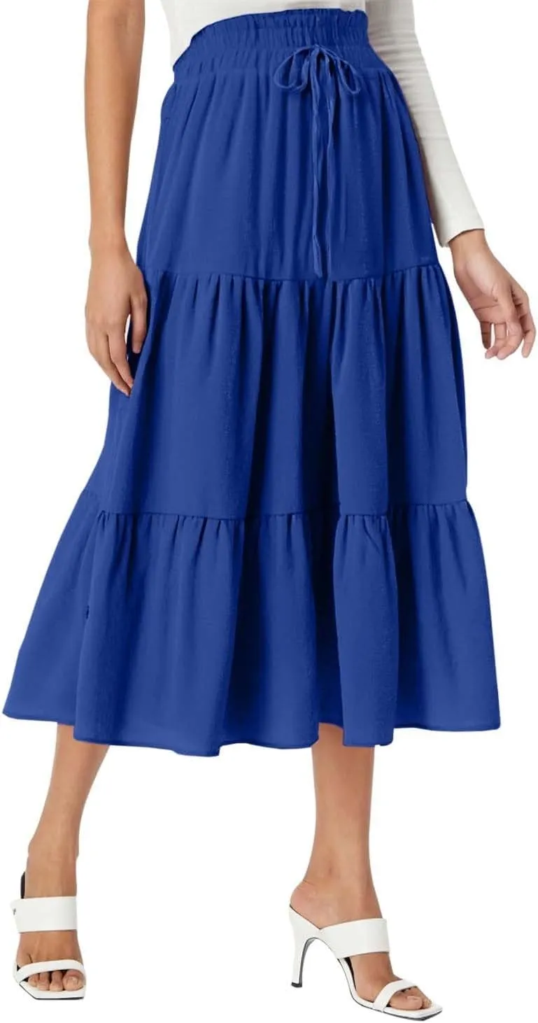 Womens Summer Maxi Skirt Flowy Elastic High Waist Pleated A-Line Skirts Boho Tiered Beach Long Skirts 2025 Trendy