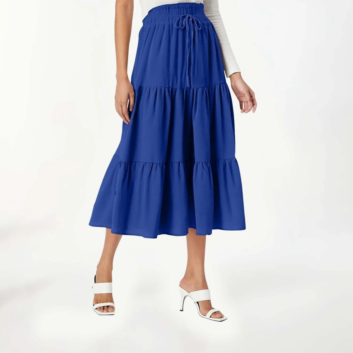 Womens Summer Maxi Skirt Flowy Elastic High Waist Pleated A-Line Skirts Boho Tiered Beach Long Skirts 2025 Trendy