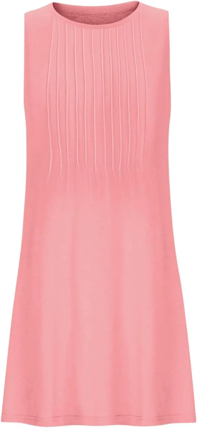 Women's Summer Trendy Casual Solid Sleeveless Round Neck Pleasted Dress - Flowy Boho Mini Dresses for Daliy