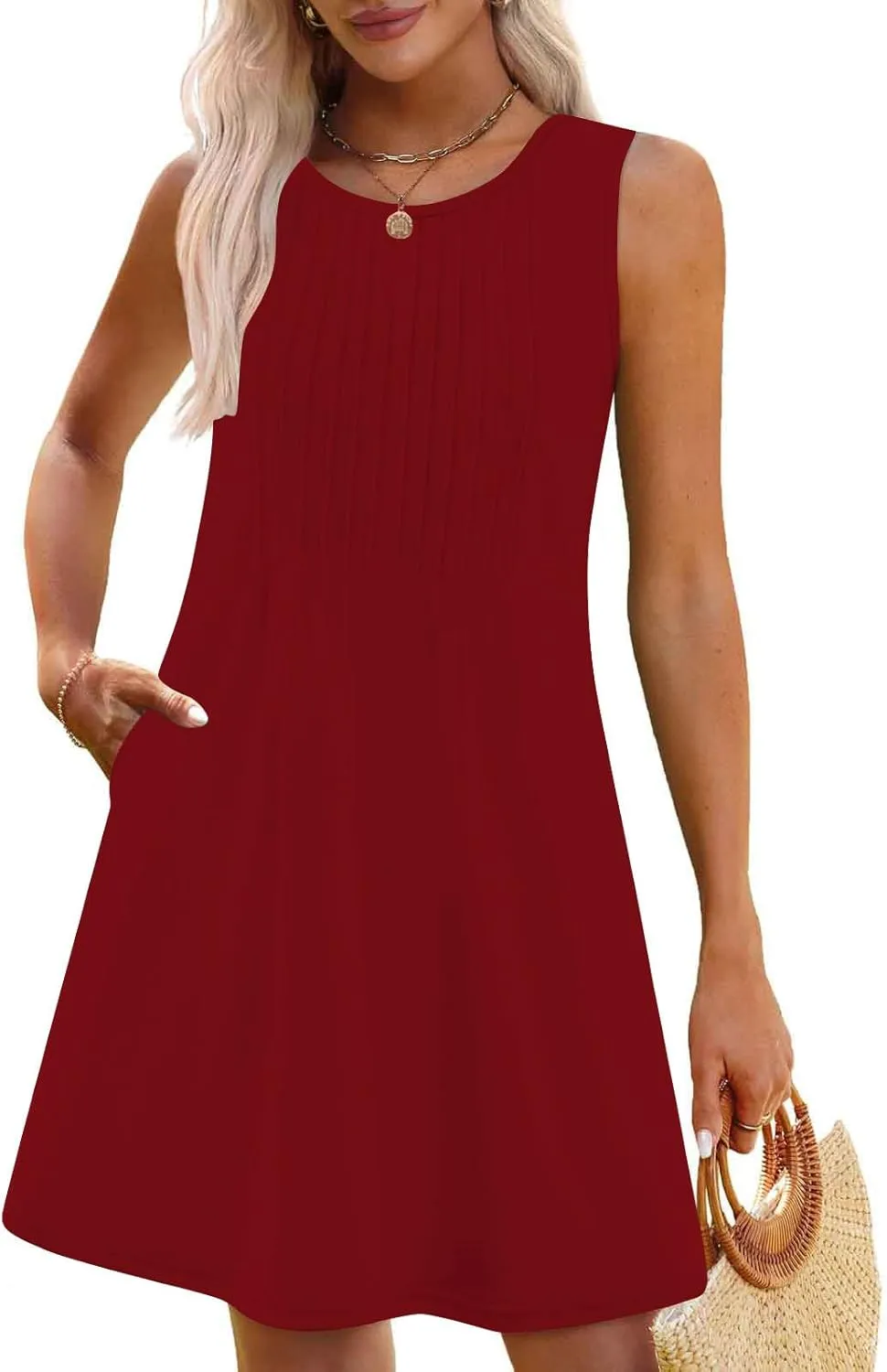 Women's Summer Trendy Casual Solid Sleeveless Round Neck Pleasted Dress - Flowy Boho Mini Dresses for Daliy