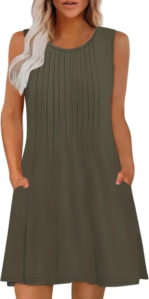 Women's Summer Trendy Casual Solid Sleeveless Round Neck Pleasted Dress - Flowy Boho Mini Dresses for Daliy