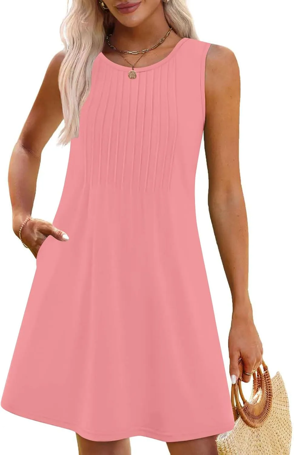 Women's Summer Trendy Casual Solid Sleeveless Round Neck Pleasted Dress - Flowy Boho Mini Dresses for Daliy
