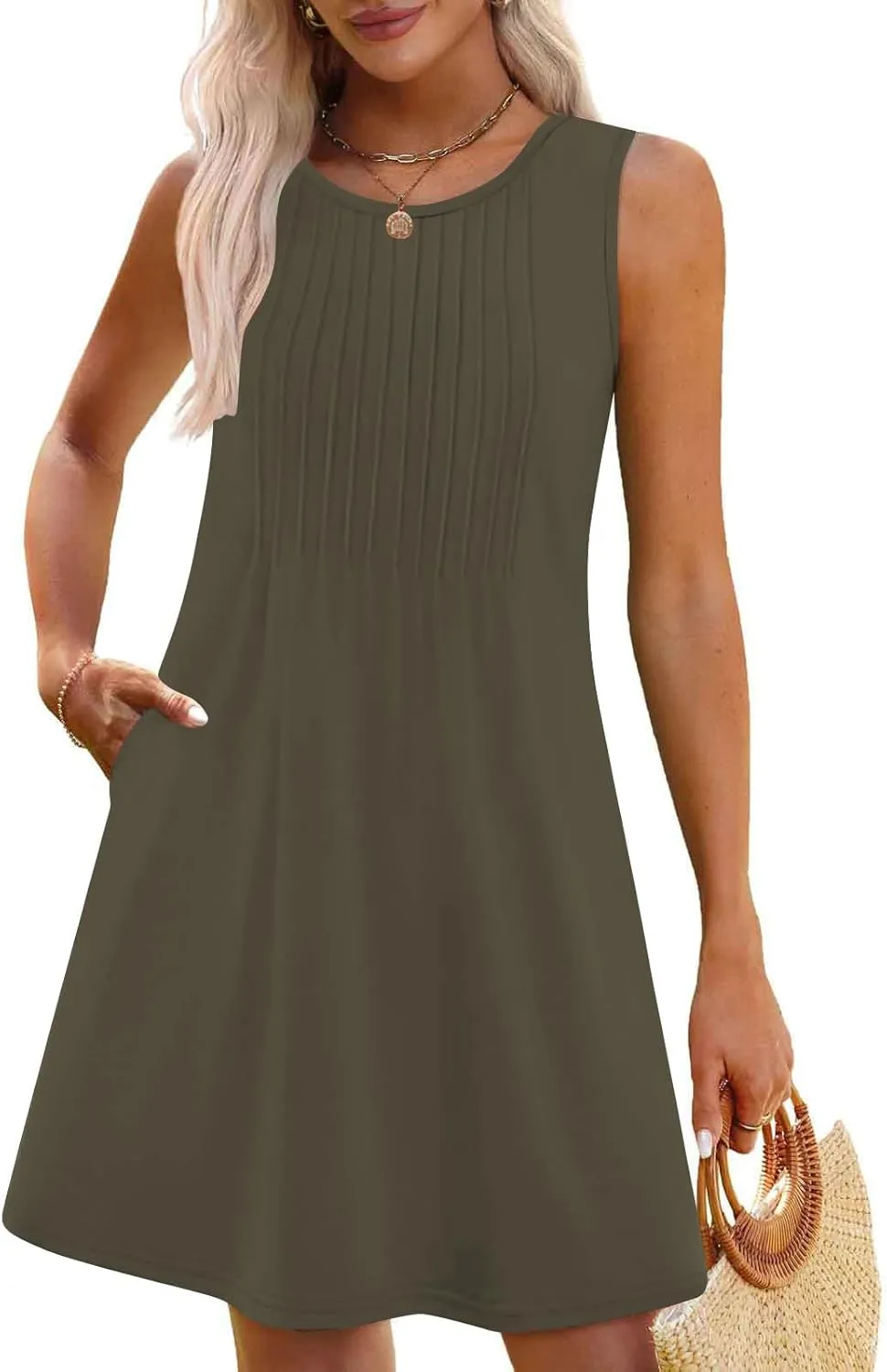 Women's Summer Trendy Casual Solid Sleeveless Round Neck Pleasted Dress - Flowy Boho Mini Dresses for Daliy