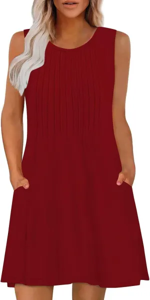Women's Summer Trendy Casual Solid Sleeveless Round Neck Pleasted Dress - Flowy Boho Mini Dresses for Daliy