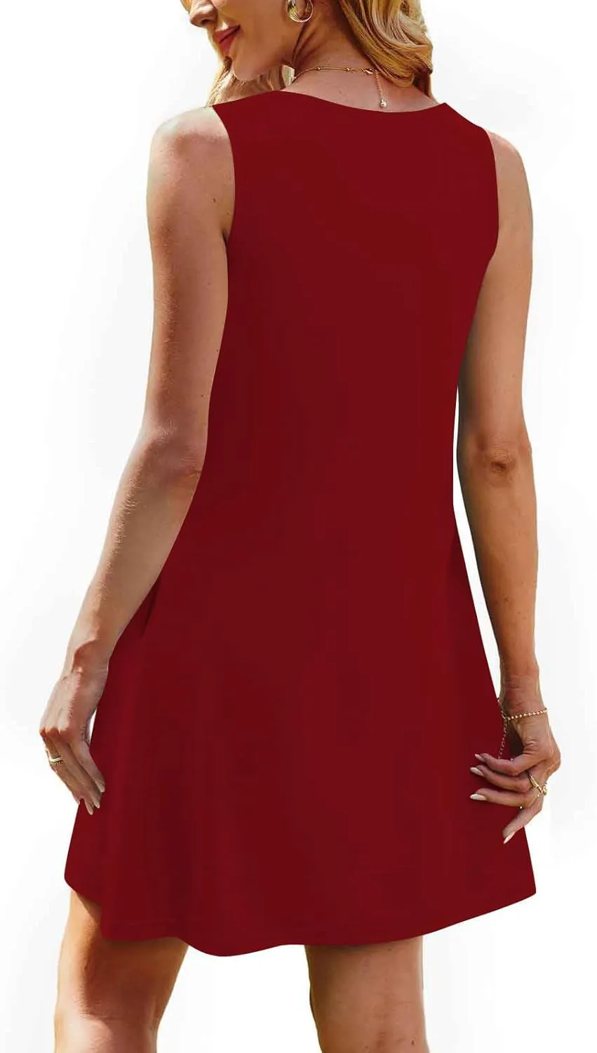 Women's Summer Trendy Casual Solid Sleeveless Round Neck Pleasted Dress - Flowy Boho Mini Dresses for Daliy