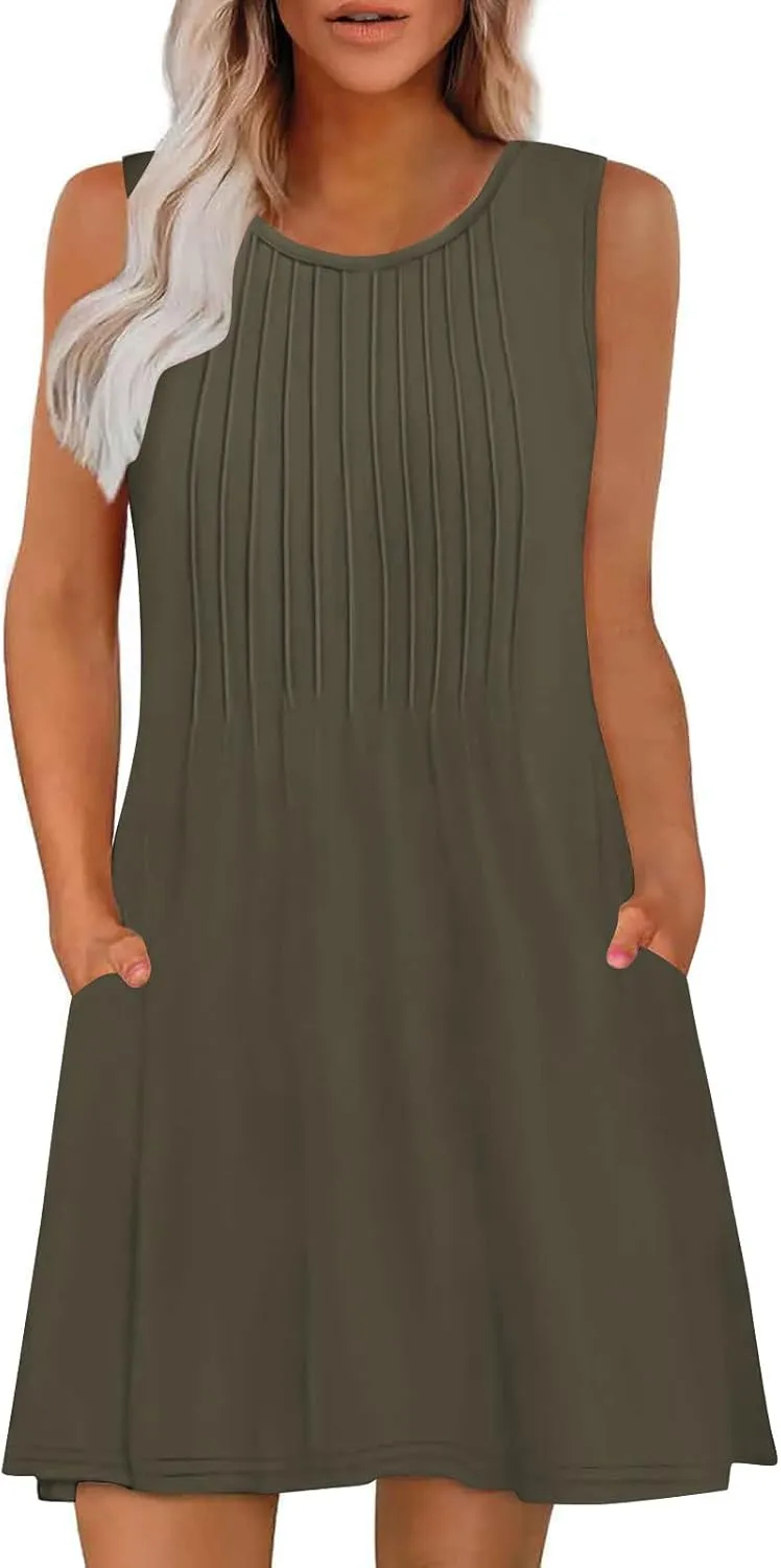 Women's Summer Trendy Casual Solid Sleeveless Round Neck Pleasted Dress - Flowy Boho Mini Dresses for Daliy