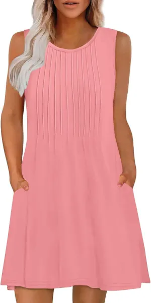 Women's Summer Trendy Casual Solid Sleeveless Round Neck Pleasted Dress - Flowy Boho Mini Dresses for Daliy