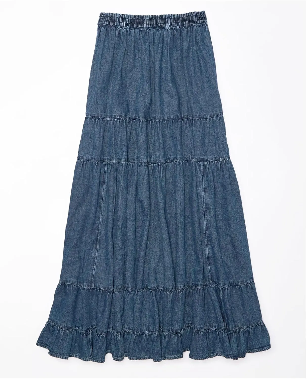 Women's Swing Chambray Maxi Skirt Elastic Waist Pleated Tiered Flowy Long Skirts Retro Denim Skirt