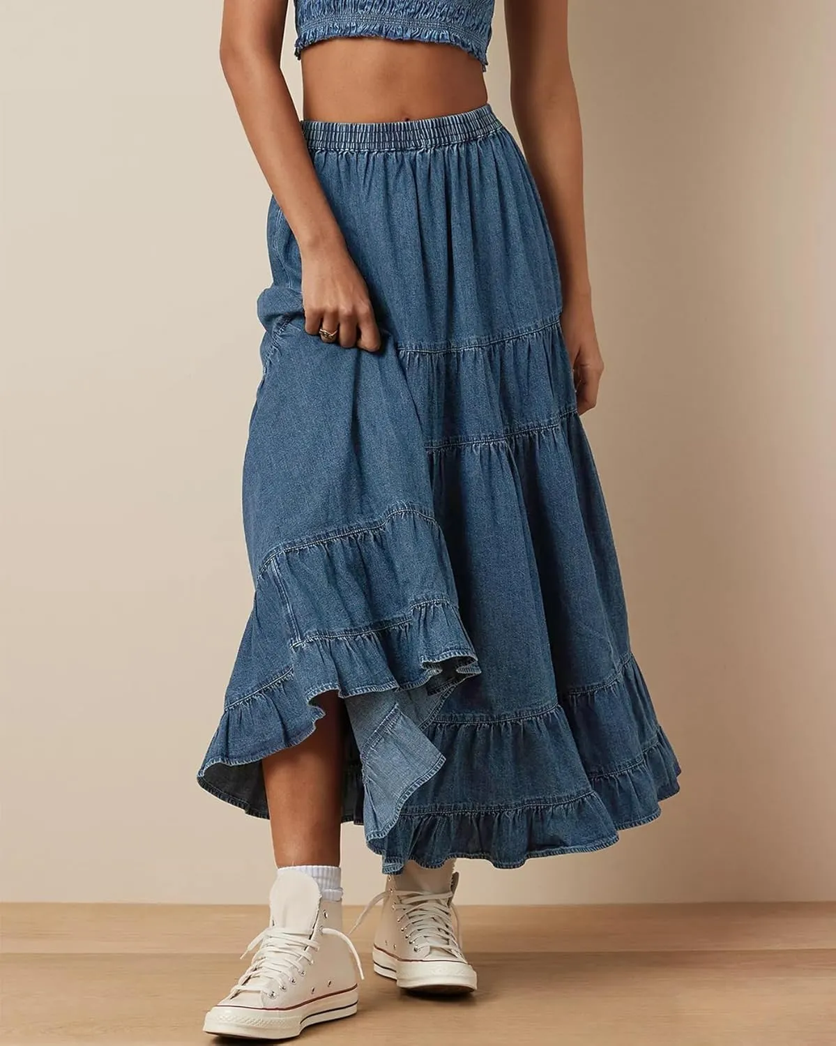 Women's Swing Chambray Maxi Skirt Elastic Waist Pleated Tiered Flowy Long Skirts Retro Denim Skirt