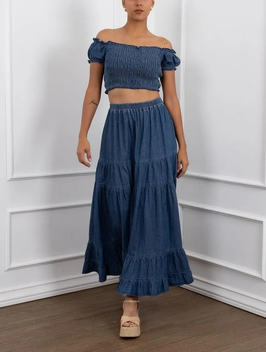 Women's Swing Chambray Maxi Skirt Elastic Waist Pleated Tiered Flowy Long Skirts Retro Denim Skirt