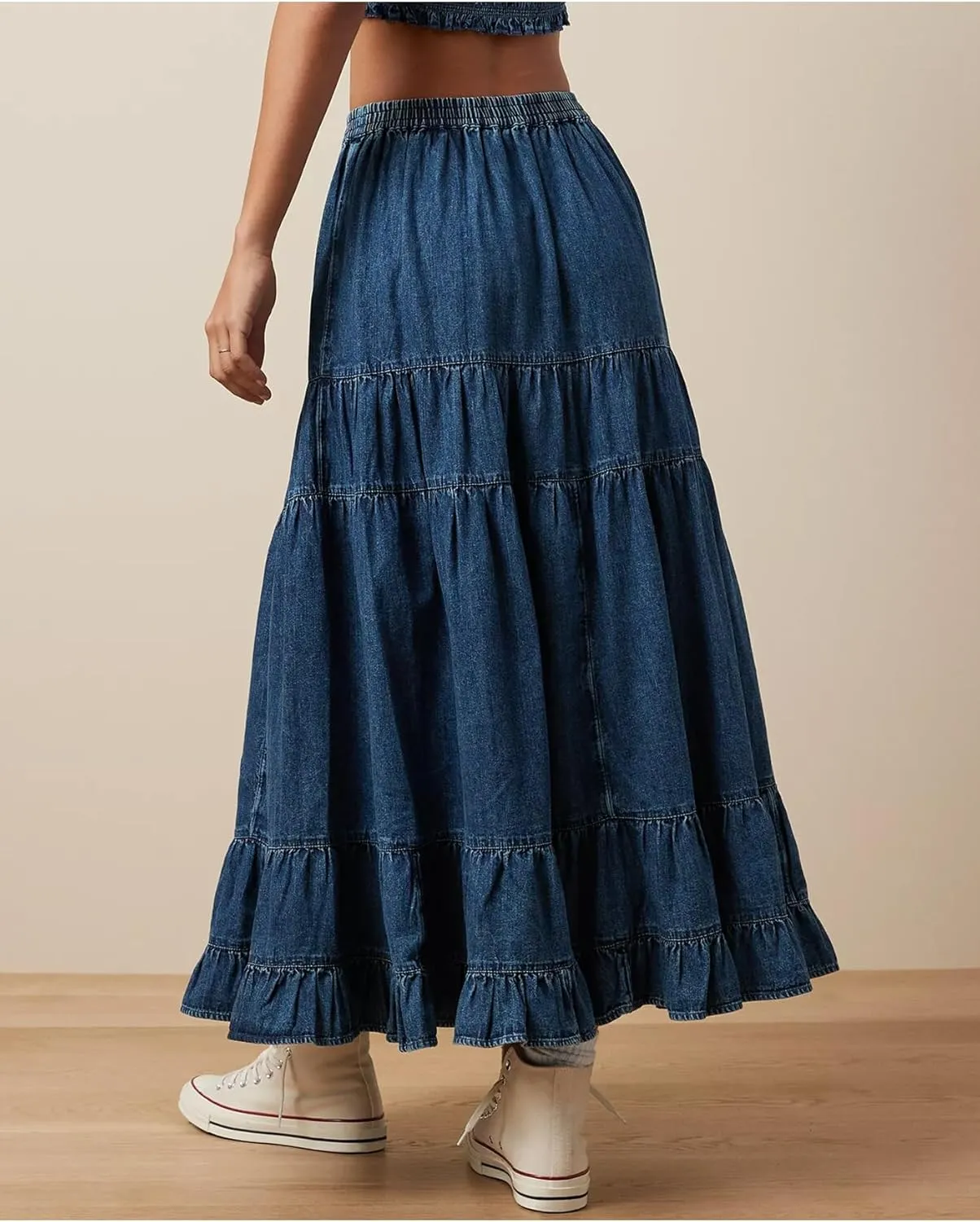 Women's Swing Chambray Maxi Skirt Elastic Waist Pleated Tiered Flowy Long Skirts Retro Denim Skirt