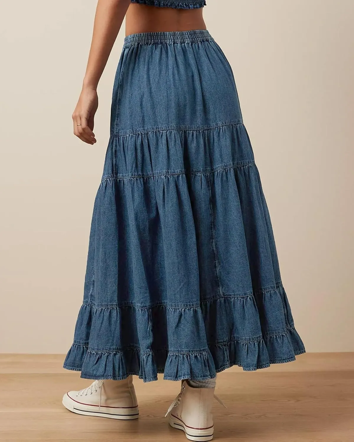 Women's Swing Chambray Maxi Skirt Elastic Waist Pleated Tiered Flowy Long Skirts Retro Denim Skirt