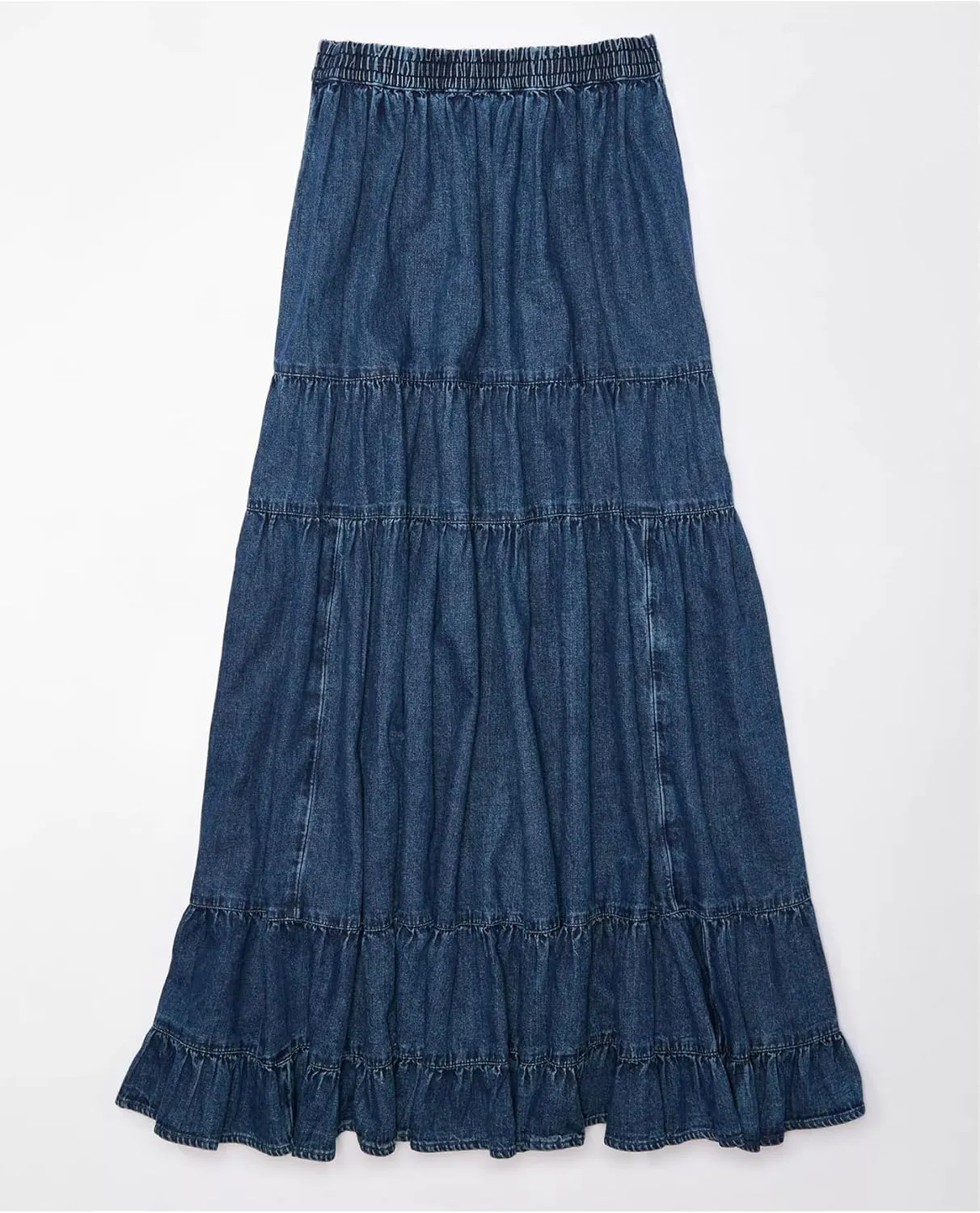 Women's Swing Chambray Maxi Skirt Elastic Waist Pleated Tiered Flowy Long Skirts Retro Denim Skirt