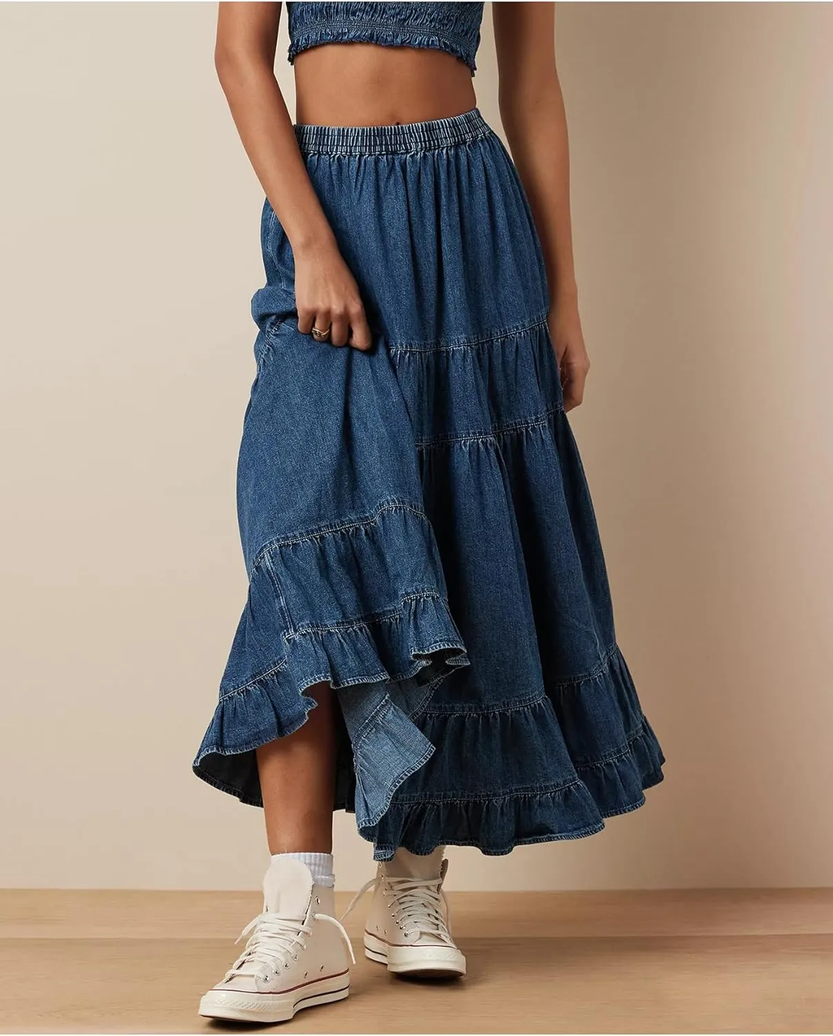 Women's Swing Chambray Maxi Skirt Elastic Waist Pleated Tiered Flowy Long Skirts Retro Denim Skirt