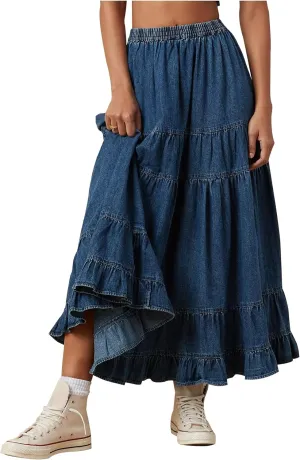 Women's Swing Chambray Maxi Skirt Elastic Waist Pleated Tiered Flowy Long Skirts Retro Denim Skirt