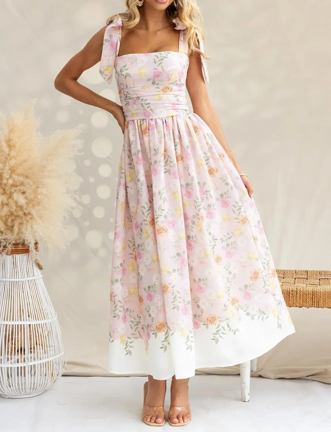 Womens Tie Shoulder Boho Maxi Dress Sleeveless Empire Waist Floral Flowy Long Smocked Dresses Summer Beach Sundress