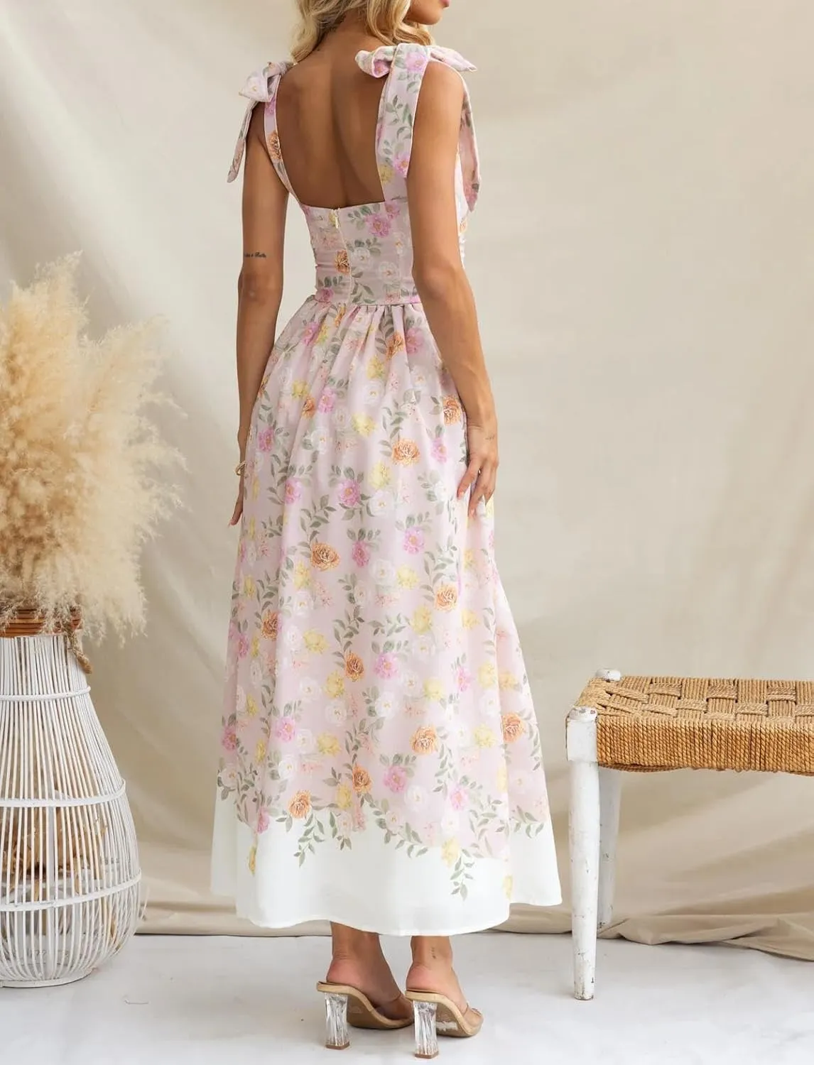 Womens Tie Shoulder Boho Maxi Dress Sleeveless Empire Waist Floral Flowy Long Smocked Dresses Summer Beach Sundress