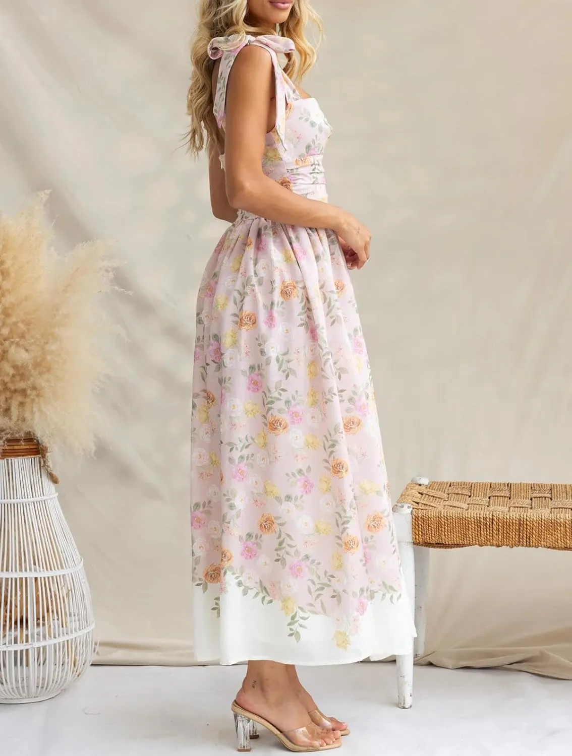 Womens Tie Shoulder Boho Maxi Dress Sleeveless Empire Waist Floral Flowy Long Smocked Dresses Summer Beach Sundress