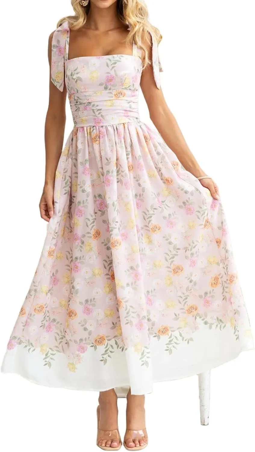 Womens Tie Shoulder Boho Maxi Dress Sleeveless Empire Waist Floral Flowy Long Smocked Dresses Summer Beach Sundress