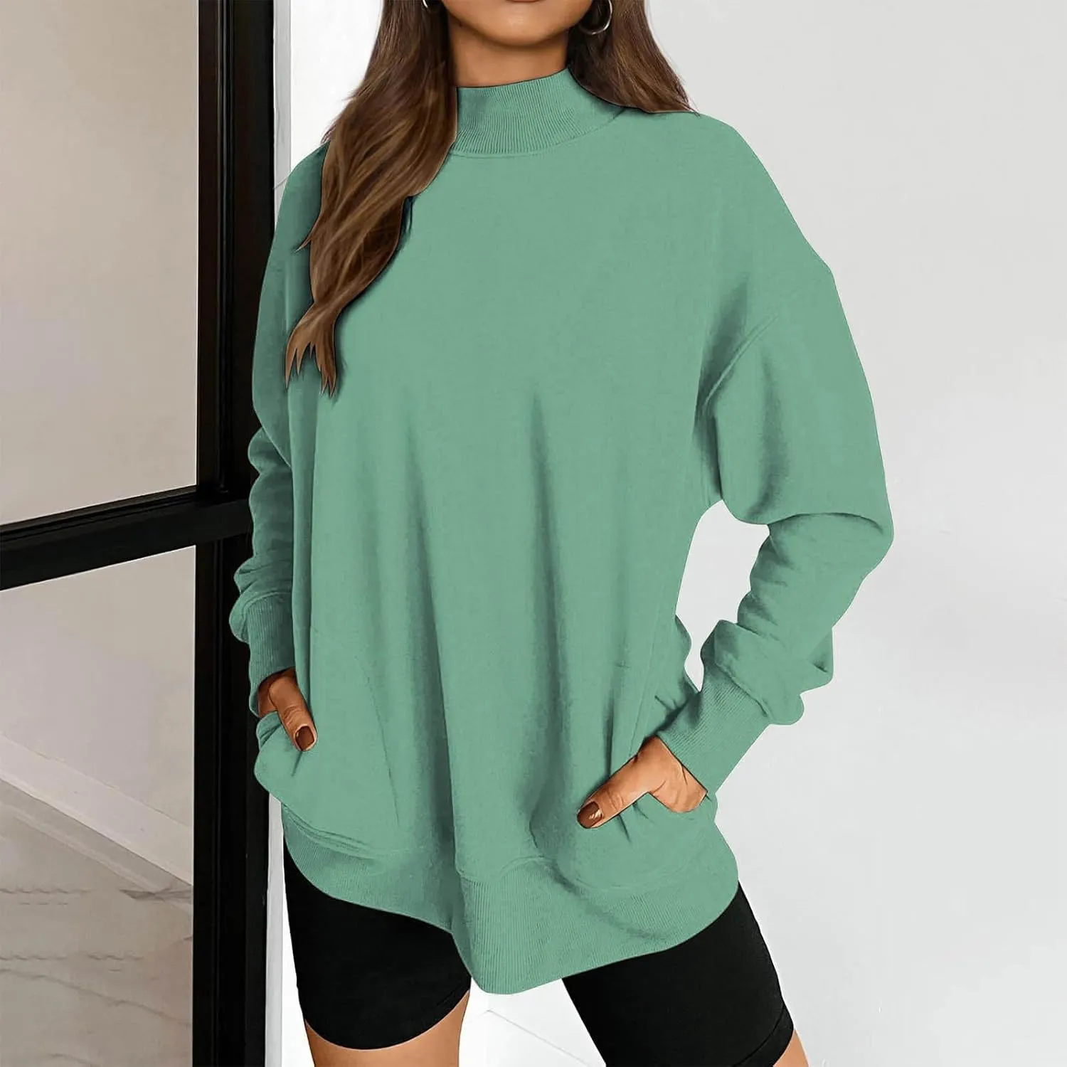Womens Tops Casual Long Sleeve Sweatshirt Turtleneck Lightweight Coats Daily Fashion Fall Pullover Top with Pockets