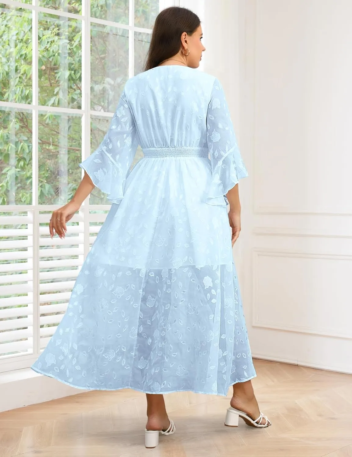 Women's V Neck Floral Dress Bell Half Sleeve Smocked Waist Side Split Flowy A Line Maxi Wedding Guest Dresses