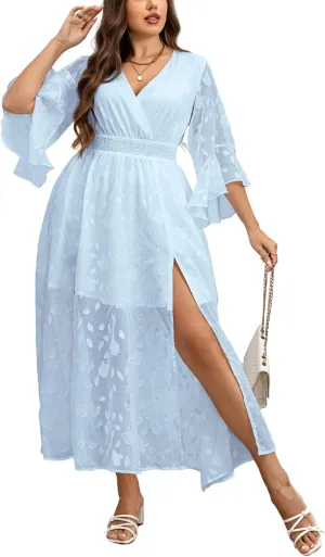 Women's V Neck Floral Dress Bell Half Sleeve Smocked Waist Side Split Flowy A Line Maxi Wedding Guest Dresses