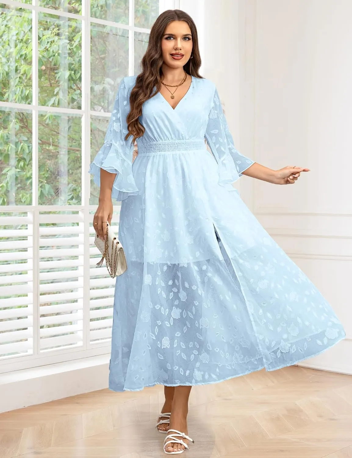 Women's V Neck Floral Dress Bell Half Sleeve Smocked Waist Side Split Flowy A Line Maxi Wedding Guest Dresses