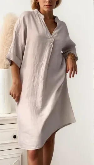 Women's V-Neck Loose Cotton Linen Midi Dress Summer Casual 3/4 Sleeve Plus Size Shift Midi Dresses with Pockets