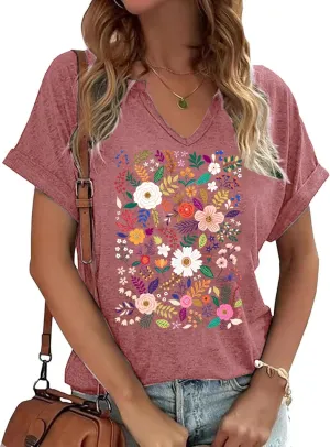 Womens Vintage Flowers V Neck Shirt Casual Floral Print Tee Shirts Cute Wildflowers Graphic Cottagecore Tops