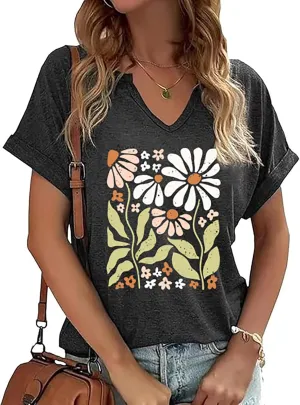 Womens Vintage Flowers V Neck Shirt Casual Floral Print Tee Shirts Cute Wildflowers Graphic Cottagecore Tops