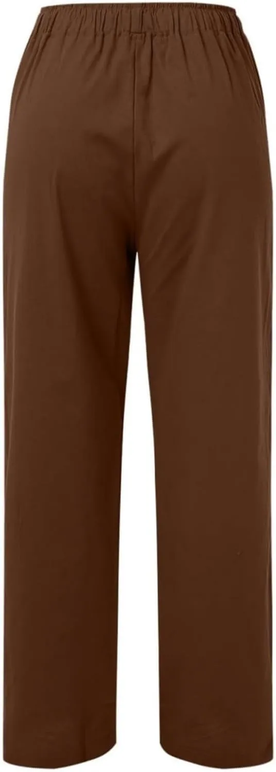 Womens Wide Leg Linen Pants Casual Summer Drawstring Flowy Palazzo Elastic High Waisted Loose Beach Trousers