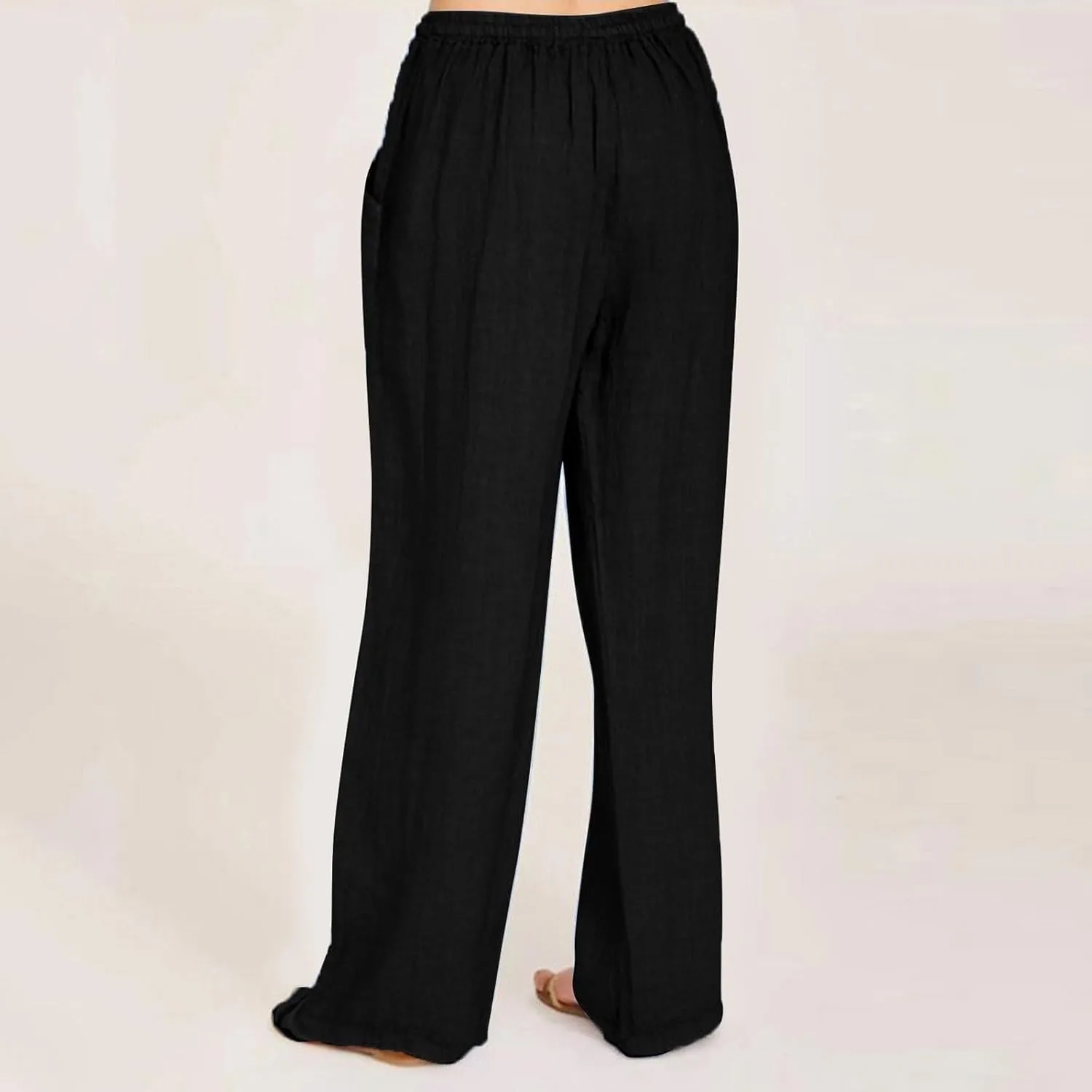 Womens Wide Leg Linen Pants Casual Summer Drawstring Flowy Palazzo Elastic High Waisted Loose Beach Trousers