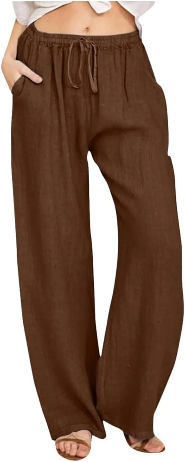 Womens Wide Leg Linen Pants Casual Summer Drawstring Flowy Palazzo Elastic High Waisted Loose Beach Trousers