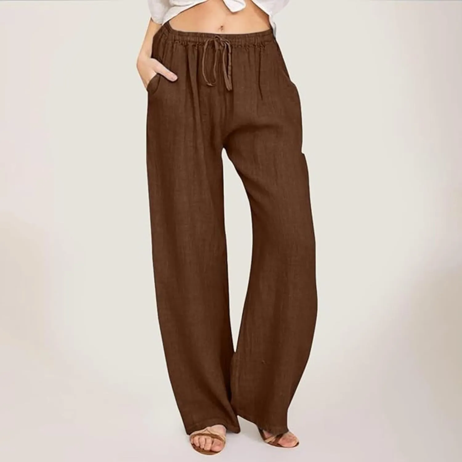 Womens Wide Leg Linen Pants Casual Summer Drawstring Flowy Palazzo Elastic High Waisted Loose Beach Trousers