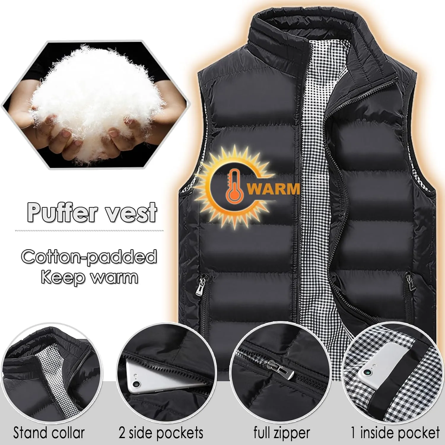 XinYangNi Mens Puffer Vest Quilted Outerwear Winter Warm Down Puffy Vests Lightweight Casual Padded Jacket