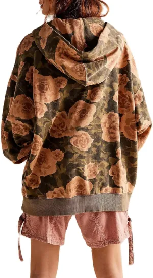 Yuemengxuan Women Y2k Graphic Hoodies Preppy Oversized Sweatshirt Long Sleeve Drawstring Pullover Tops Floral Fall Hoodie