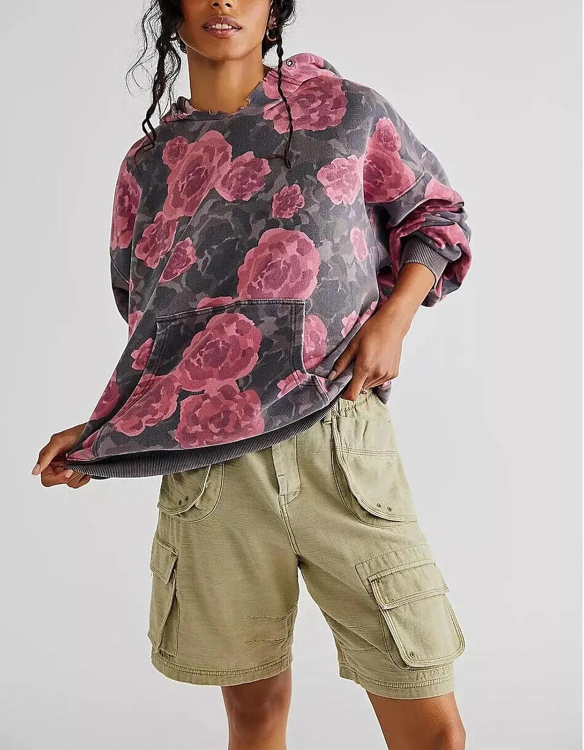 Yuemengxuan Women Y2k Graphic Hoodies Preppy Oversized Sweatshirt Long Sleeve Drawstring Pullover Tops Floral Fall Hoodie