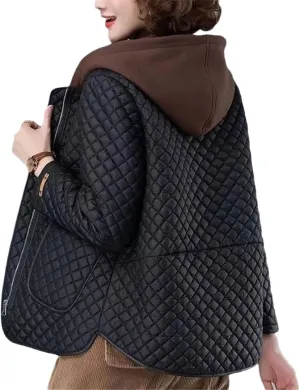 Zadaos Lightweight Cotton-Padded Coat Women Autumn Winter Cotton Coat Hooded Jacket Loose Plaid Parkas Outwear