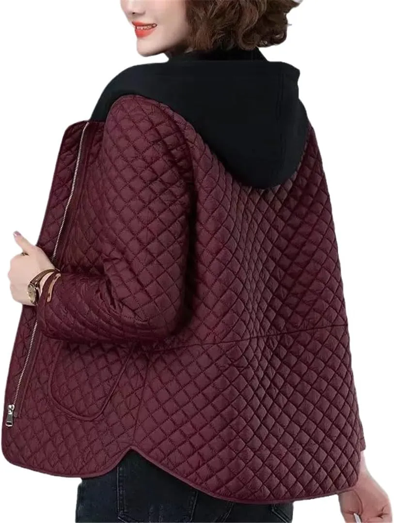 Zadaos Lightweight Cotton-Padded Coat Women Autumn Winter Cotton Coat Hooded Jacket Loose Plaid Parkas Outwear