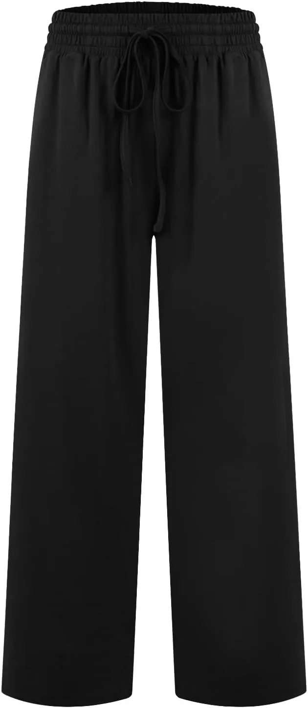 ZEFOTIM Wide Leg Pants Woman Drawstring High Waisted Trousers Solid Color Business Pants with Pocket