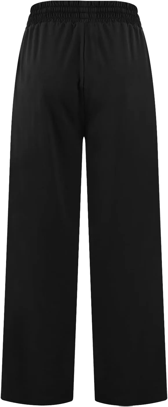 ZEFOTIM Wide Leg Pants Woman Drawstring High Waisted Trousers Solid Color Business Pants with Pocket
