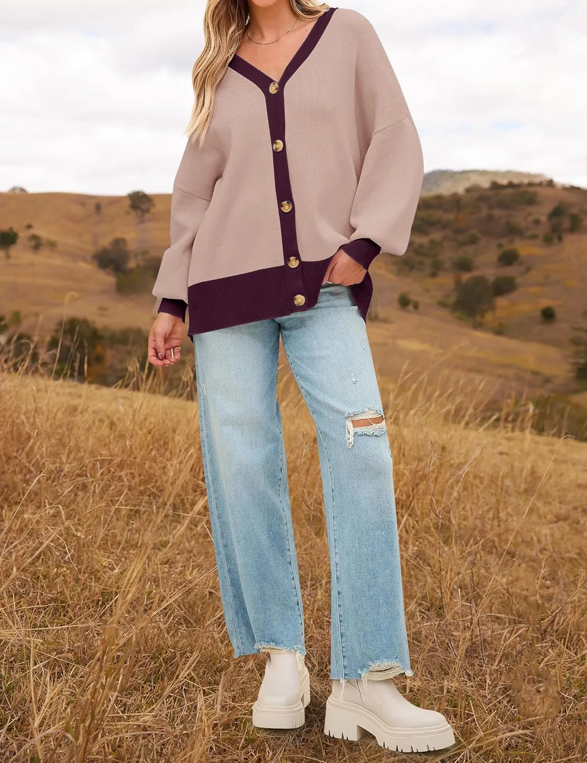 ZESICA Women's Casual Loose Knitted Cardigan Long Sleeve Open Front Contrast Color Button Down Oversized Sweater Coats