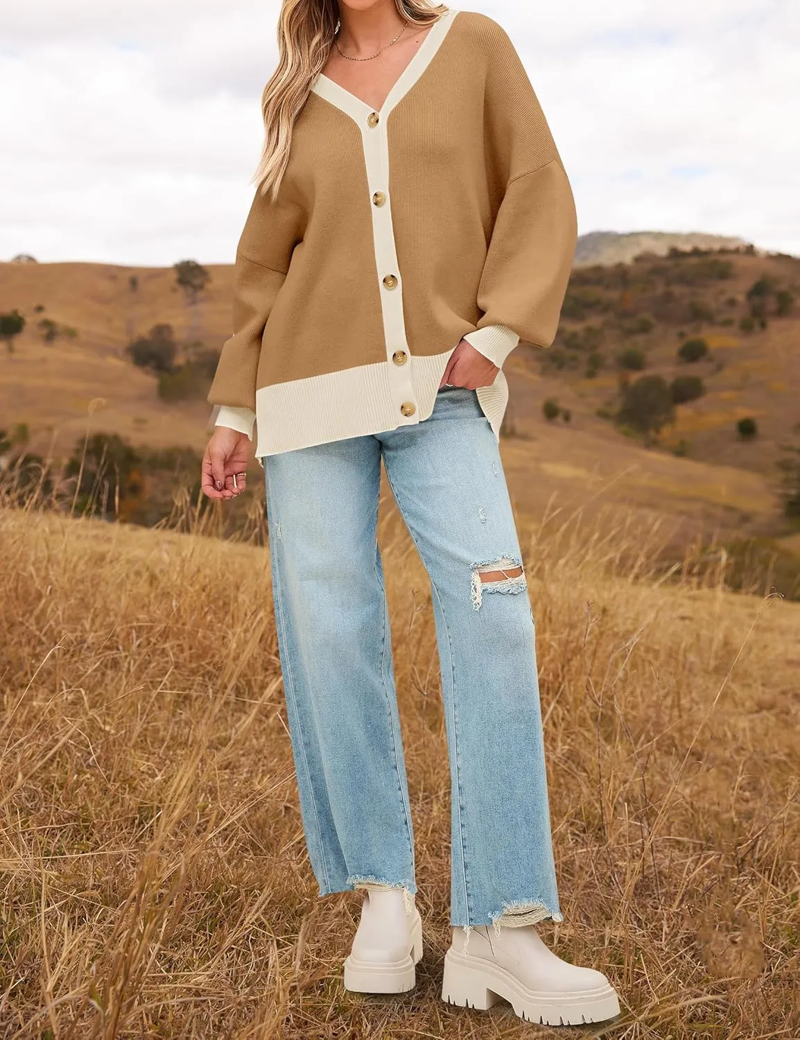 ZESICA Women's Casual Loose Knitted Cardigan Long Sleeve Open Front Contrast Color Button Down Oversized Sweater Coats