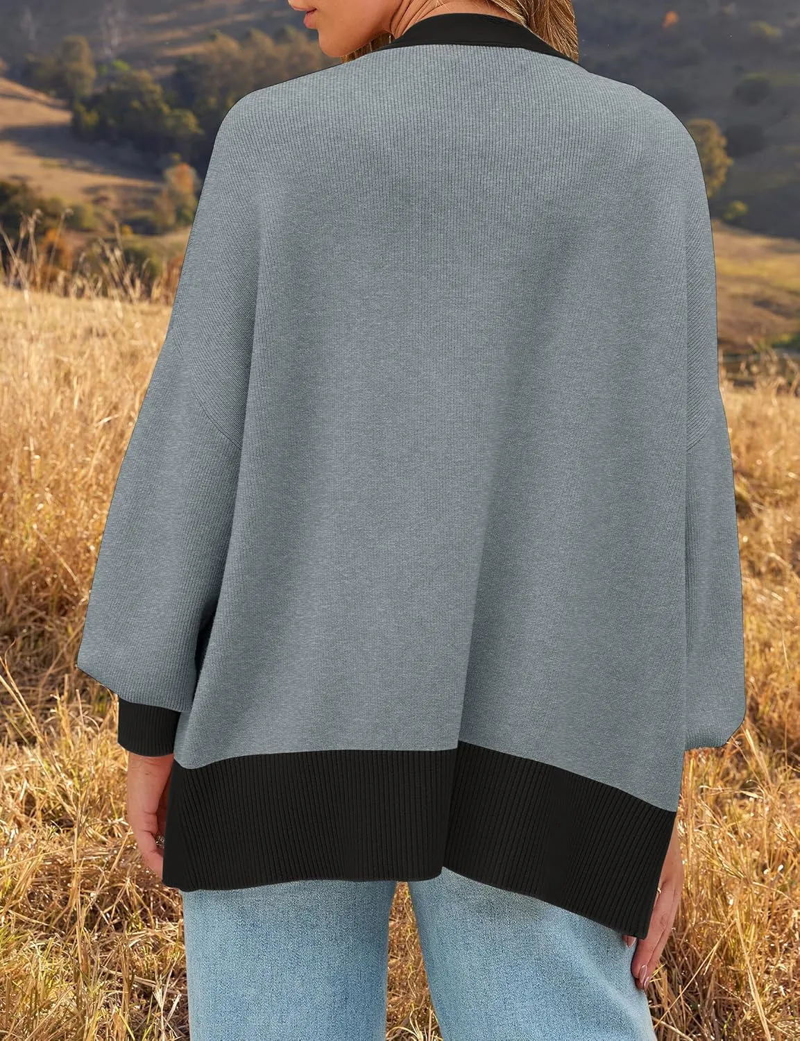 ZESICA Women's Casual Loose Knitted Cardigan Long Sleeve Open Front Contrast Color Button Down Oversized Sweater Coats