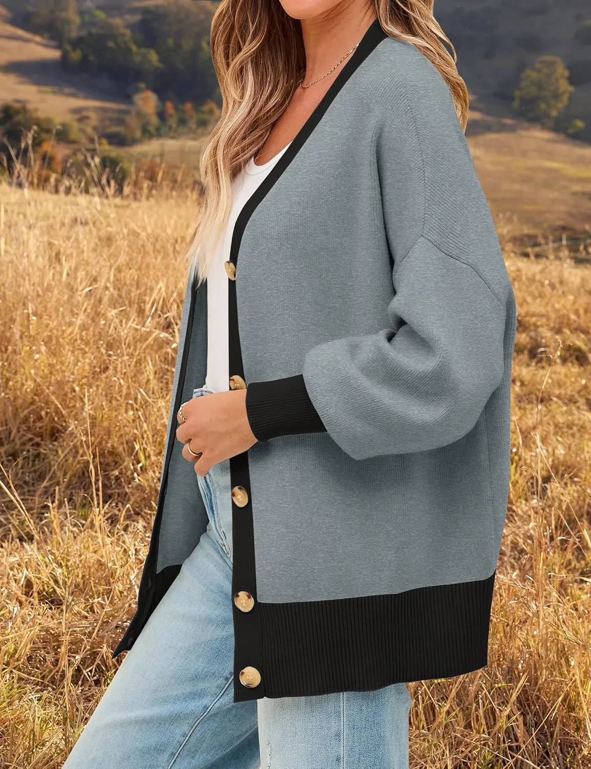 ZESICA Women's Casual Loose Knitted Cardigan Long Sleeve Open Front Contrast Color Button Down Oversized Sweater Coats