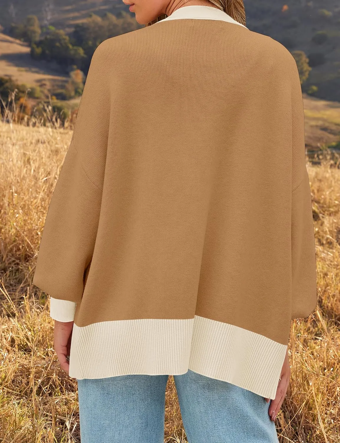 ZESICA Women's Casual Loose Knitted Cardigan Long Sleeve Open Front Contrast Color Button Down Oversized Sweater Coats