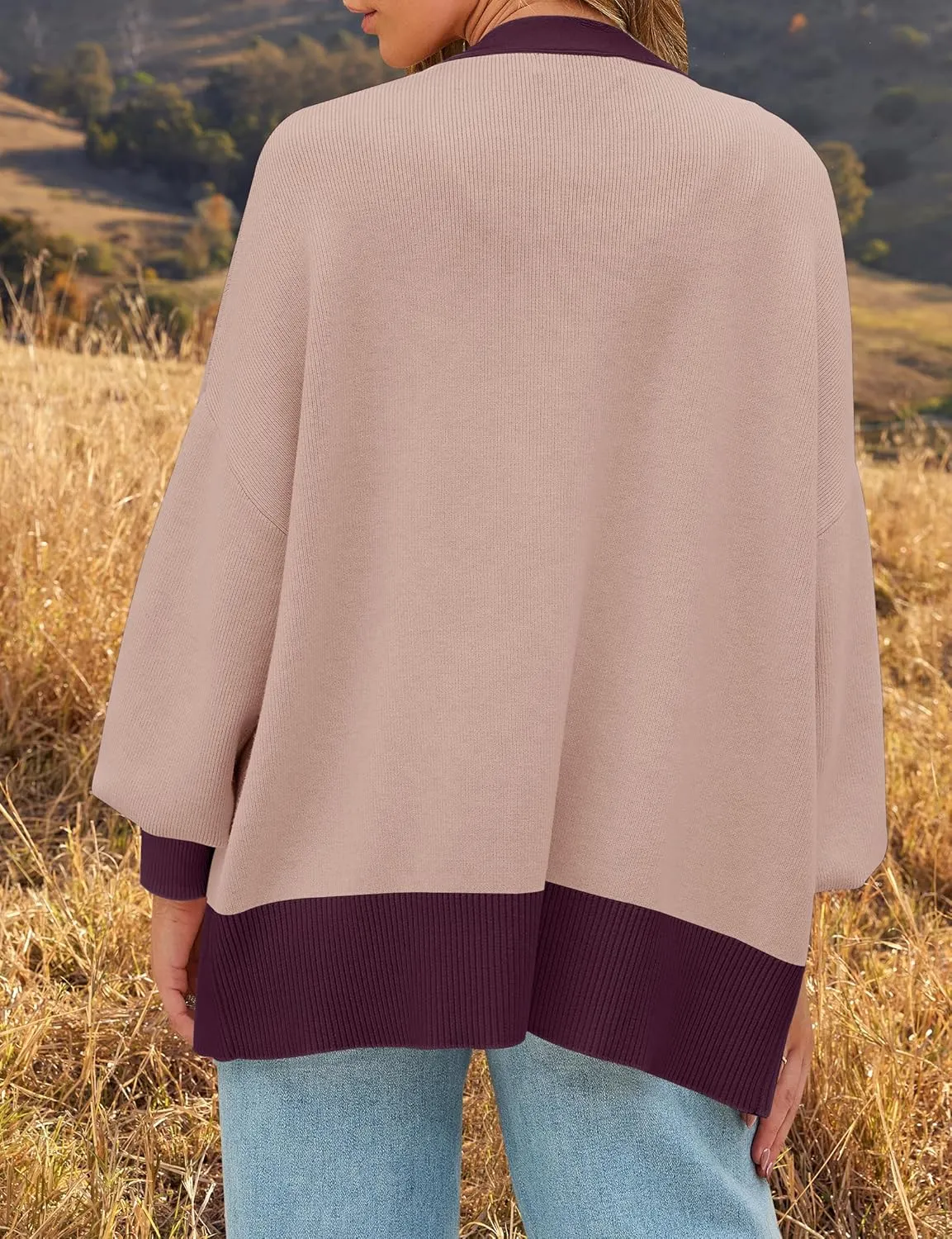 ZESICA Women's Casual Loose Knitted Cardigan Long Sleeve Open Front Contrast Color Button Down Oversized Sweater Coats