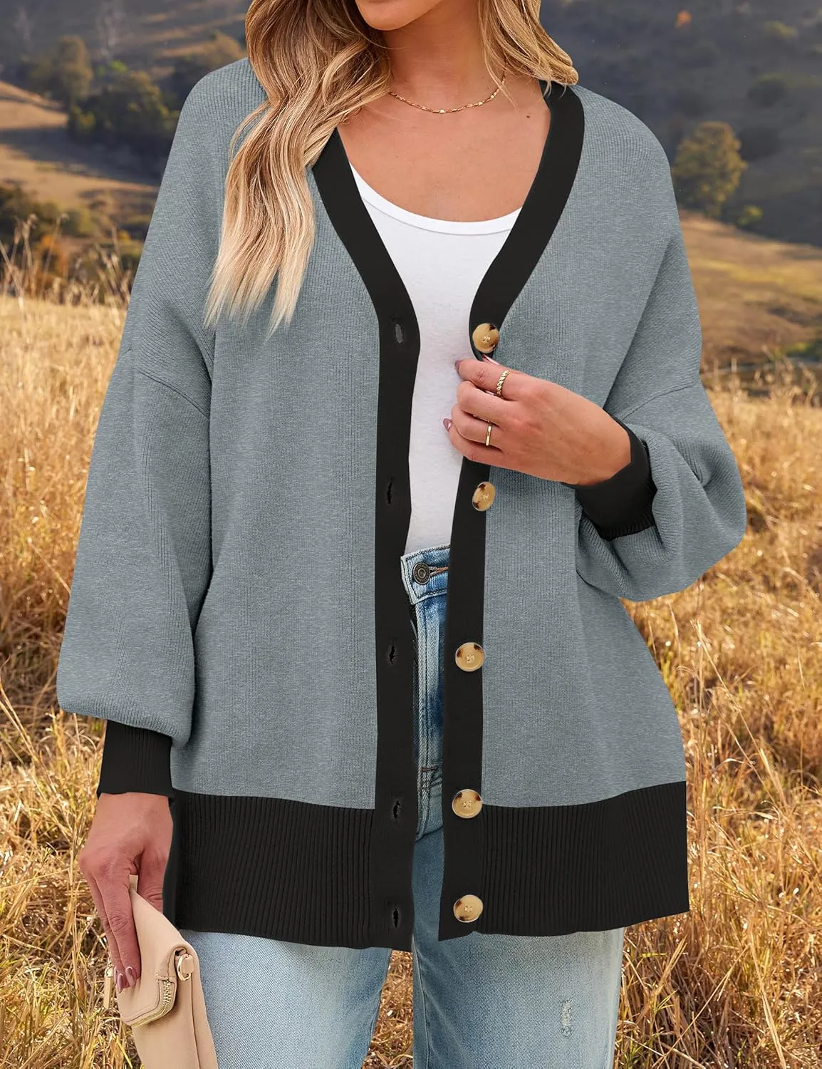 ZESICA Women's Casual Loose Knitted Cardigan Long Sleeve Open Front Contrast Color Button Down Oversized Sweater Coats